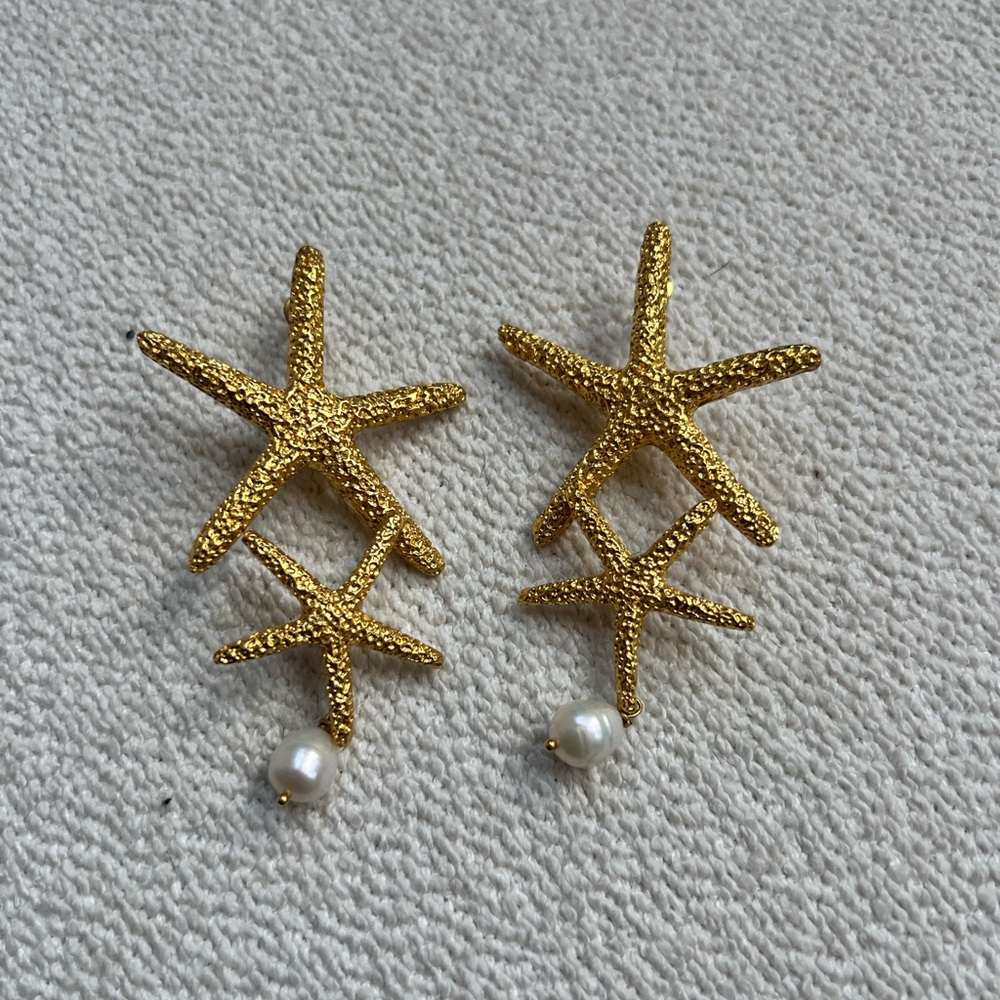 24K Gold Plated Starfish Earrings with Pearl Accent